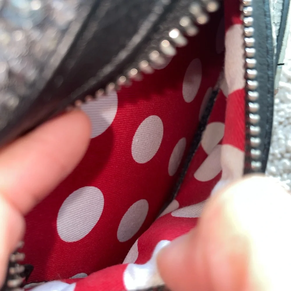Disney Parks Loungefly Sequin Minnie Mouse Red Black Bow Polka Dots Backpack
